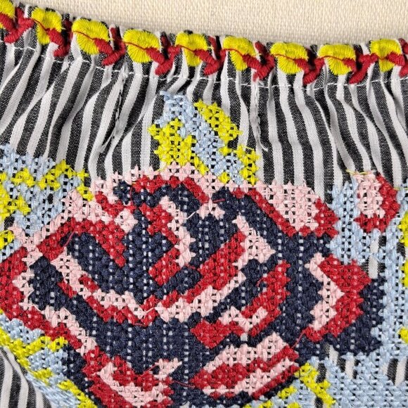 Velzera Size Small Blue White Striped Sleeveless Top Floral Embroidered Ruffle - Picture 7 of 10